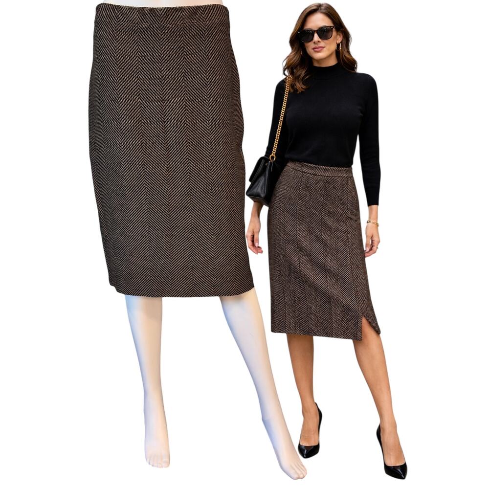 St. John Collection Black/Tan Midi Skirt Size 6 Chevron Santana Knit Preppy Glam